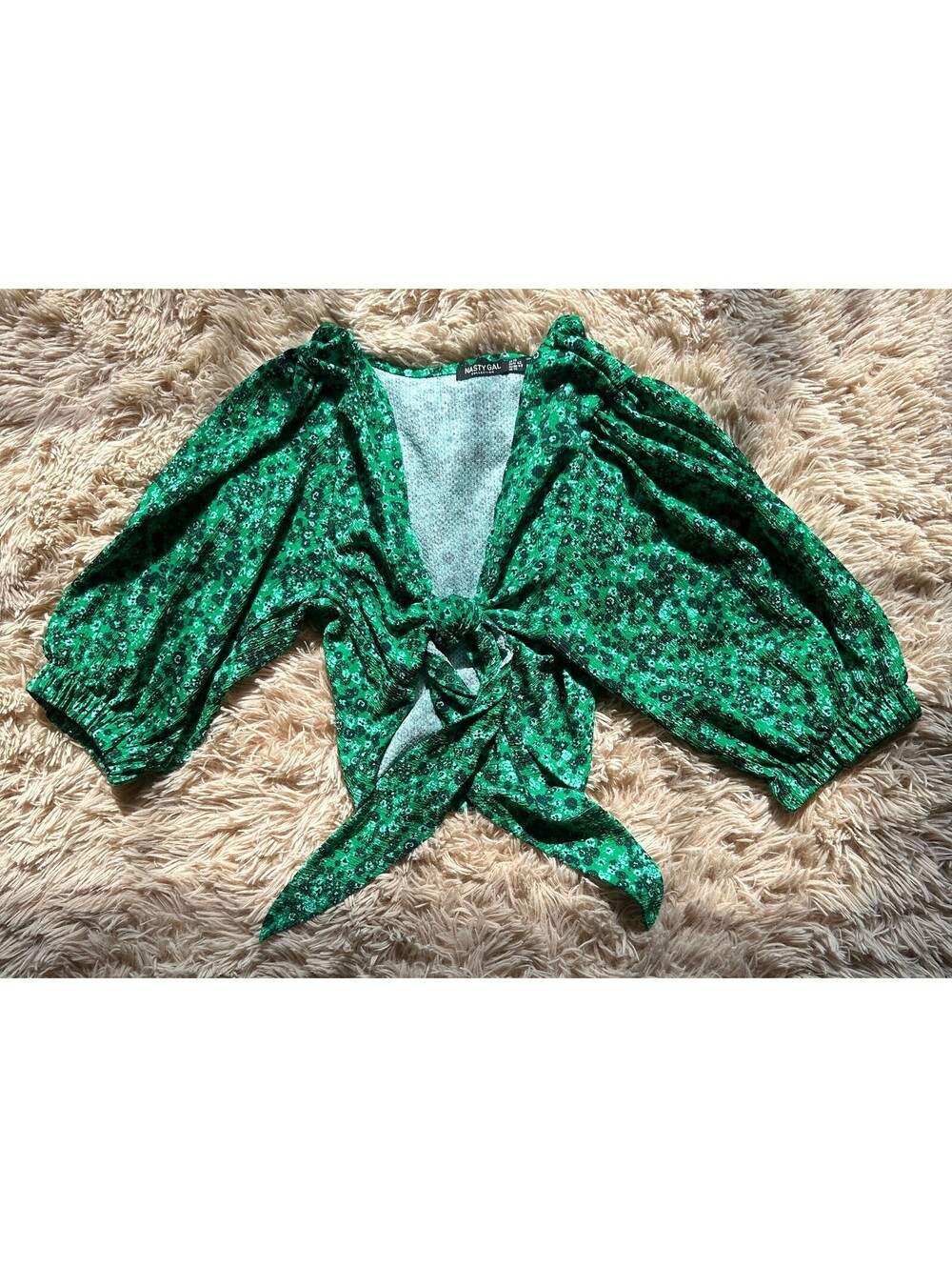 Nasty Gal green floral print blouse with tie front detail, size 10
